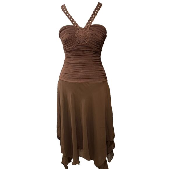 Sangria 6 Brown Midi Dress Ruched Crochet Boho Y2K Fairy RenFaire Fest Romantic - Picture 1 of 12